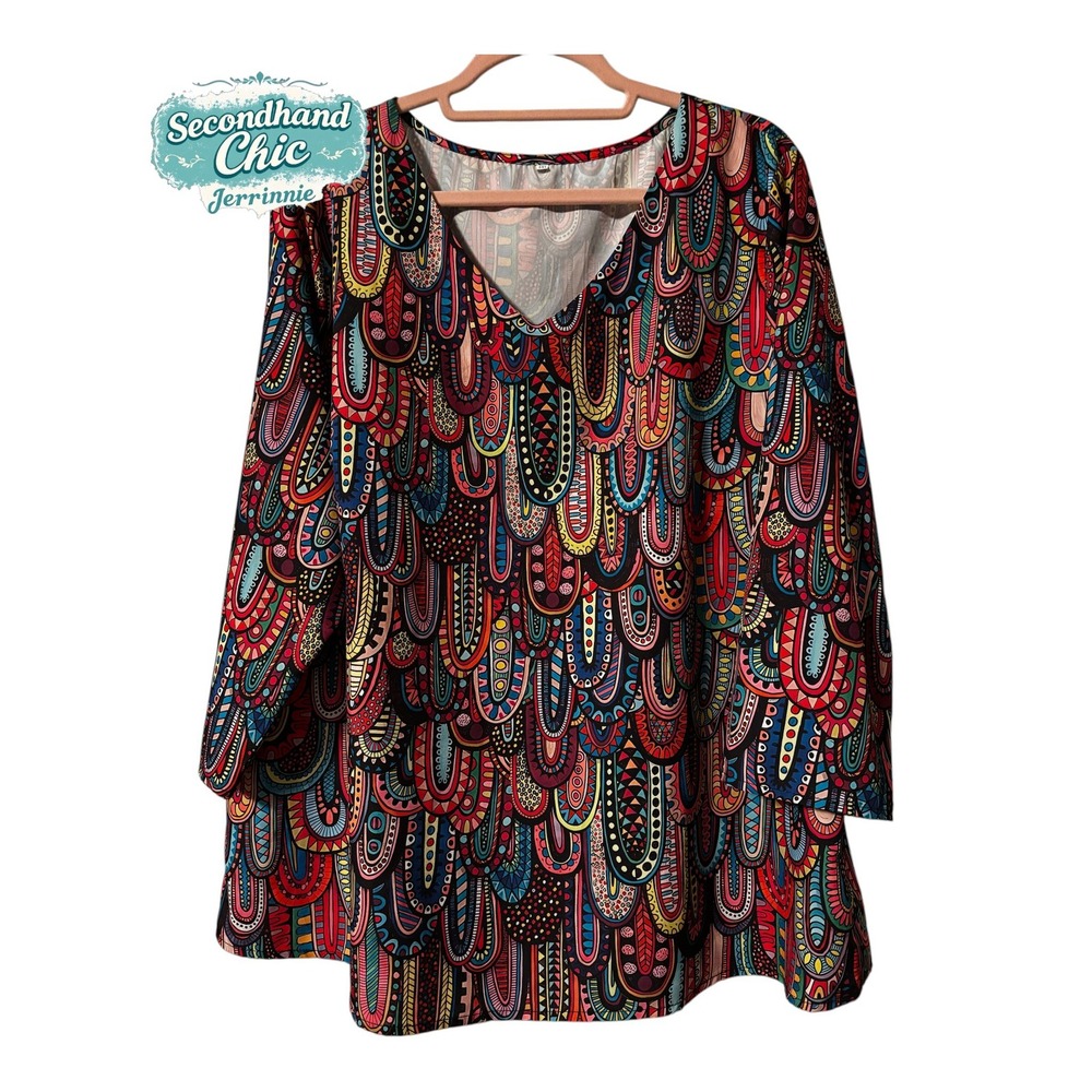 Womens Boho V-Neck Tunic Top 2XL Multicolor Geometric Feather Print 3/4 Sleeve